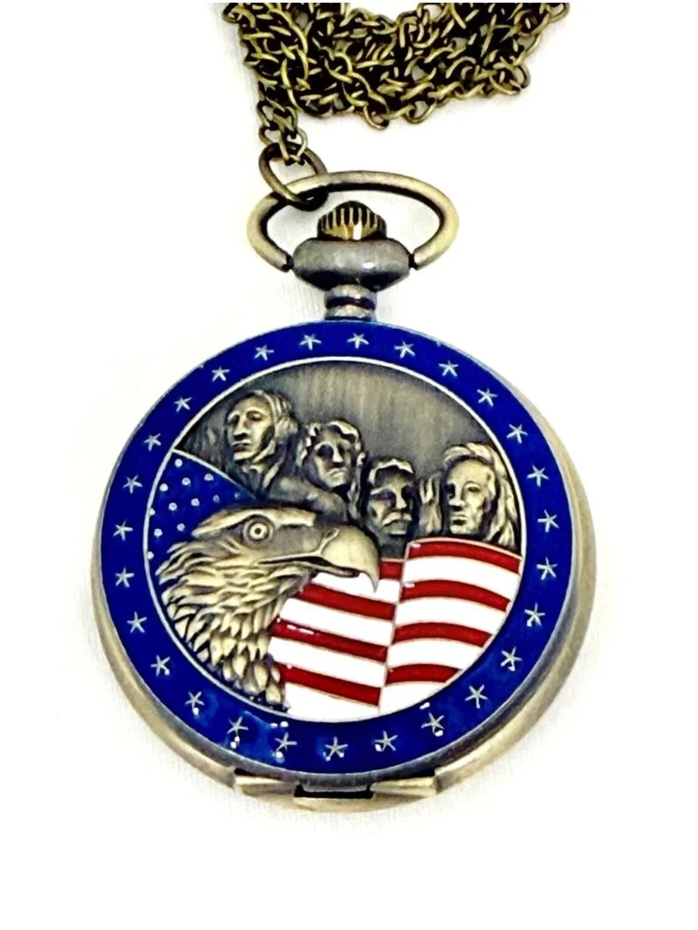 Strada Patriotic Pocket Watch w/Eagle & Mount Rushmore w/New Battery and Box